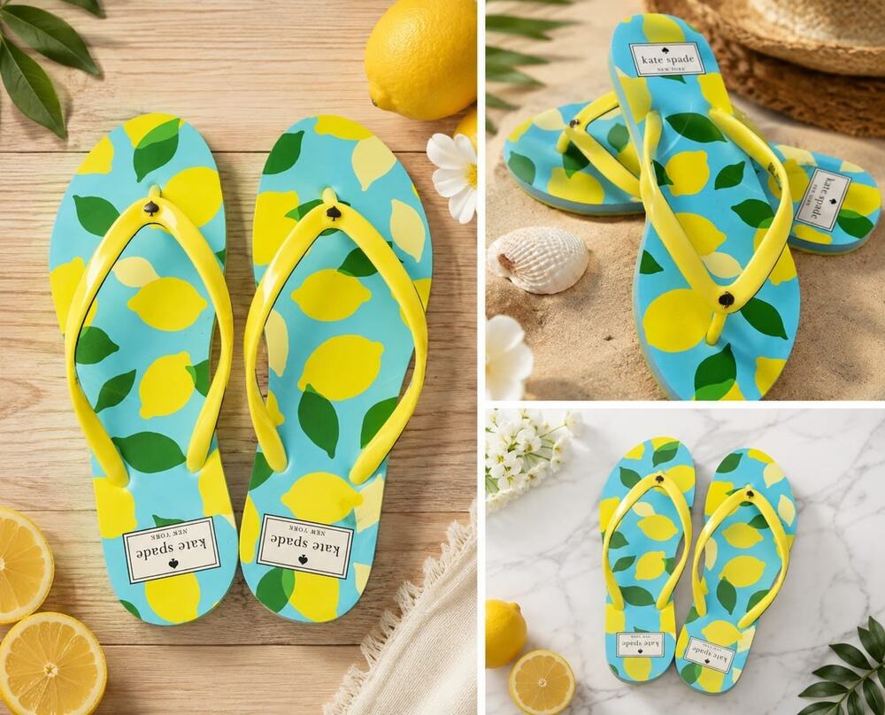 Kate Spade Lemons Blue/Yellow Sandals Flip-Flops Women’s Size: 6B ECU
